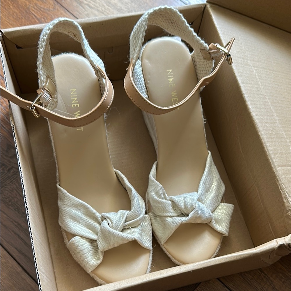 Nine West Cream Tan Wedge Sandals with Bow Detail